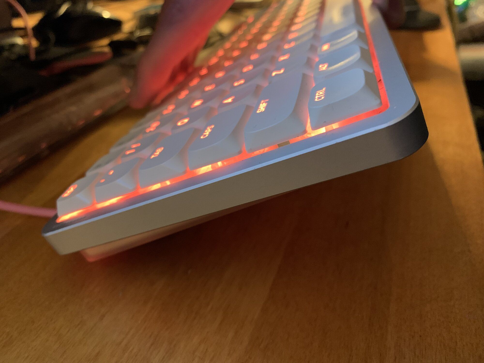 The keyboard held at a comfortable forward-tilted angle